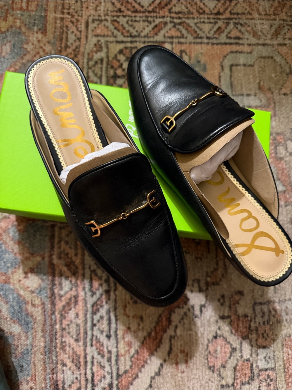 Sam Edelman Black Leather Slip-On Mule with Gold Horsebit